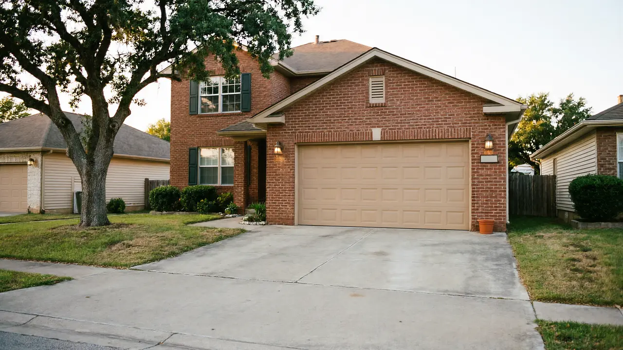 The house has a tan garage door, brick siding, and a large tree in the front yard.