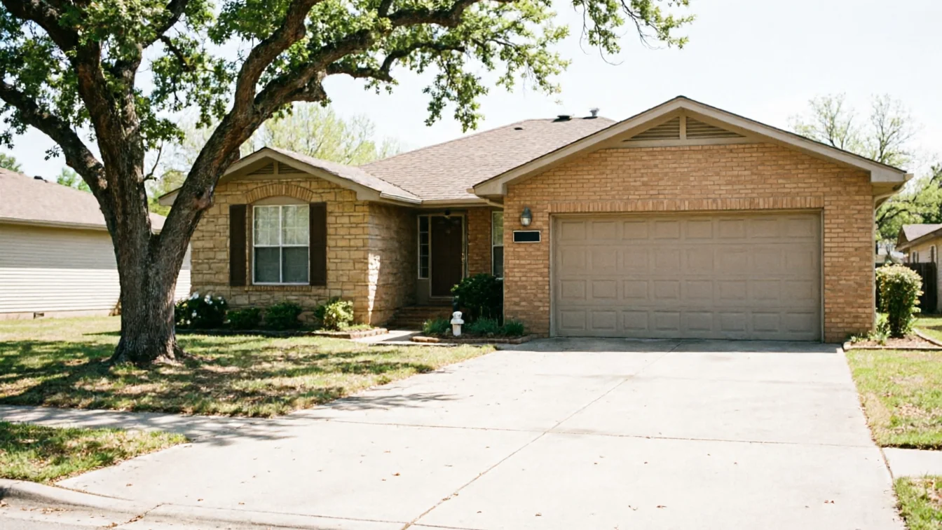 A one-story brick house with a tan garage door and a large tree in the front yard.