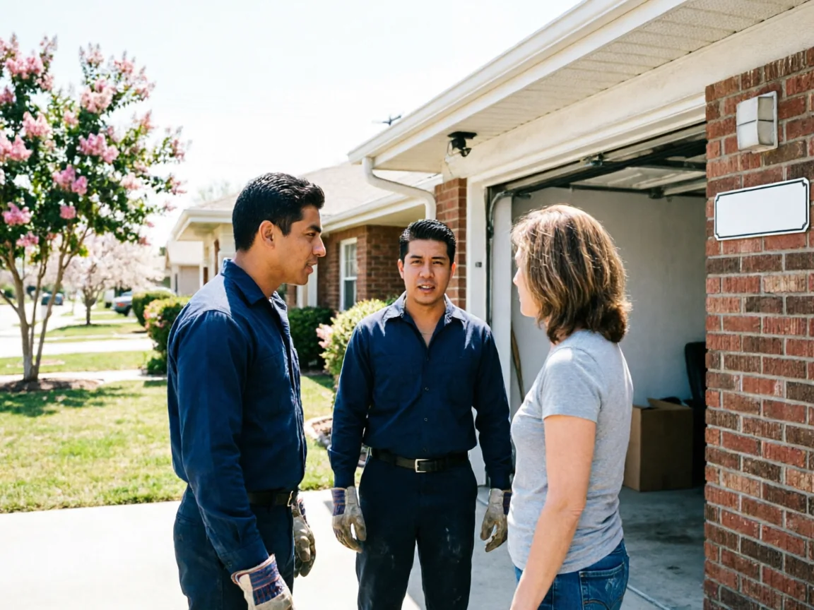 Two technicians in blue uniforms talk to a woman in front of a garage.
