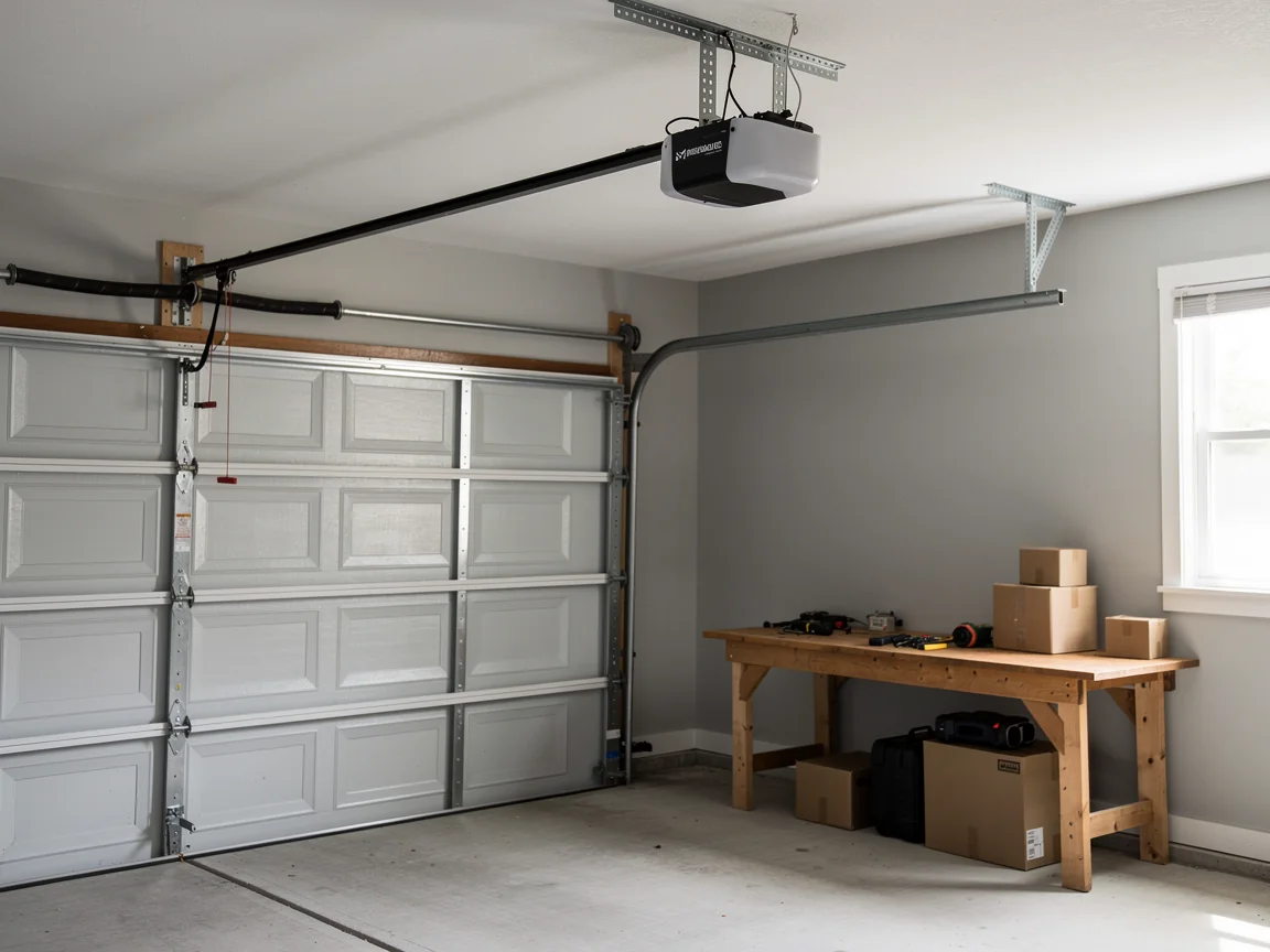 A gray garage door is closed with an opener and torsion spring above it.