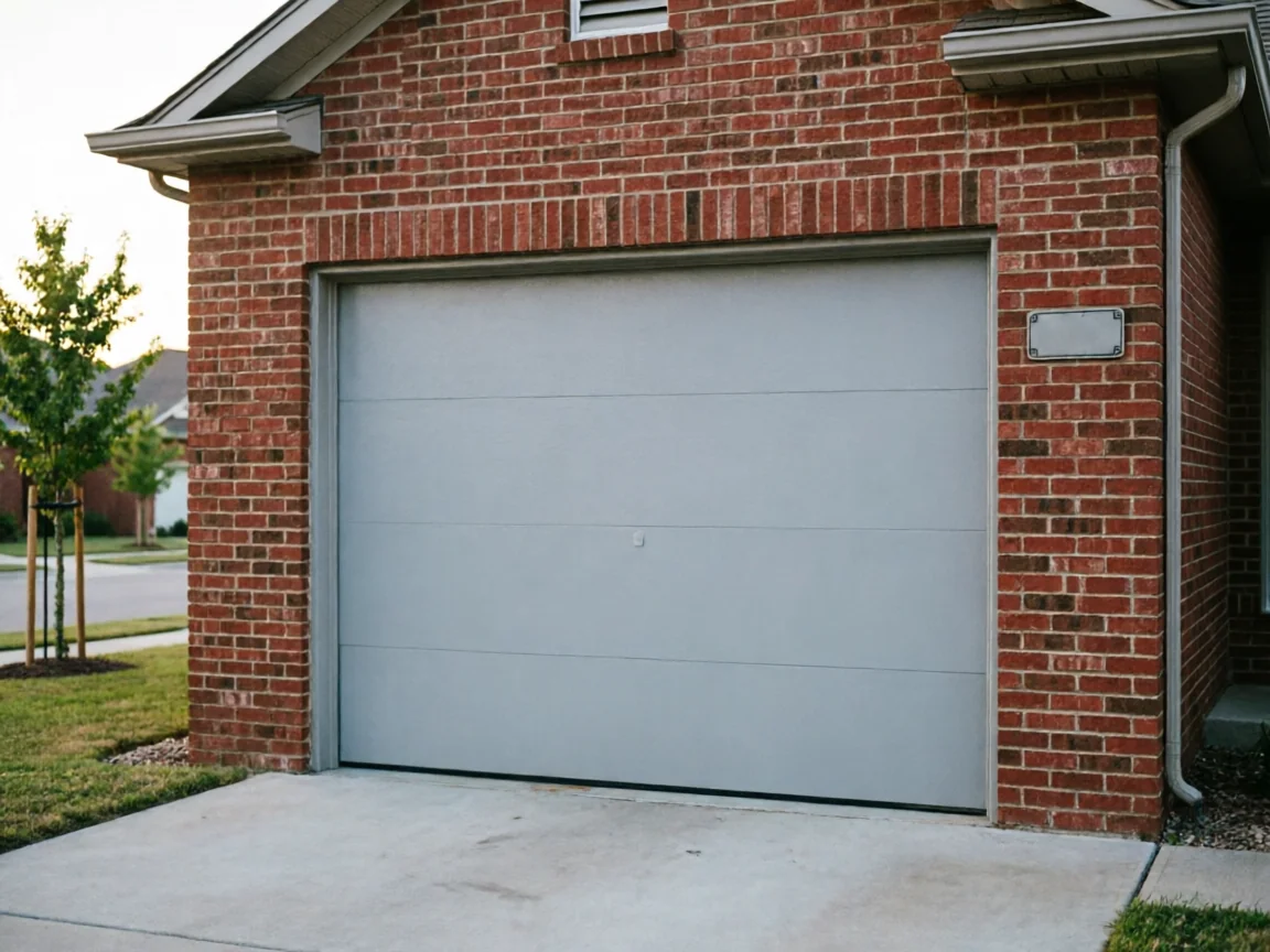 A gray garage door is on a red brick house with a concrete driveway.